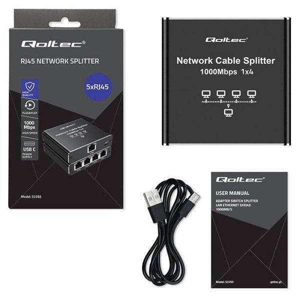 Qoltec Rozdzielacz splitter Ethernet  mini SWITCH 1x4 RJ45 | 1000Mb/s | USB-C | Aluminium