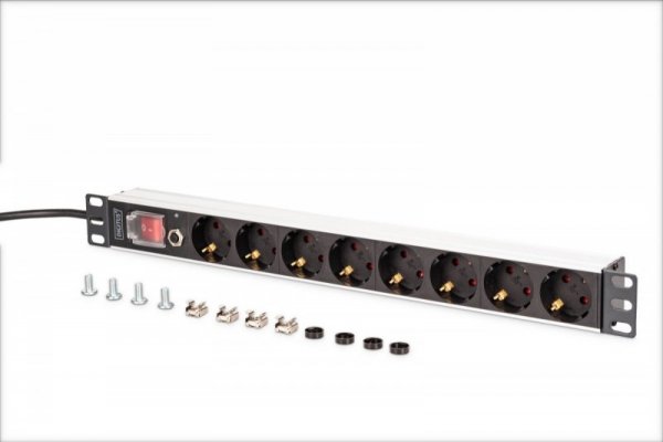 Digitus Listwa zasilająca PDU Rack 19" z zabezpieczeniem przeciążeniowym, 8 gniazd Schuko CEE 7/3 (45°), kabel 2m wtyk Unis