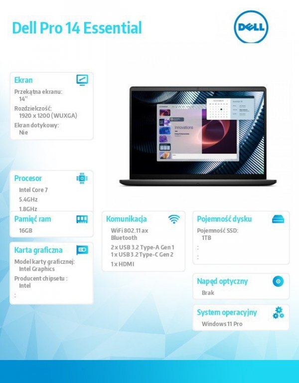 Dell Laptop Dell Pro 14 Essential PV14250 W11P C7-150U|16GB|1TB|Intel Graph|FgrPr|WLAN+BT|14.0 FHD+|BcklKb|4C|65W|3YPS Platinum 