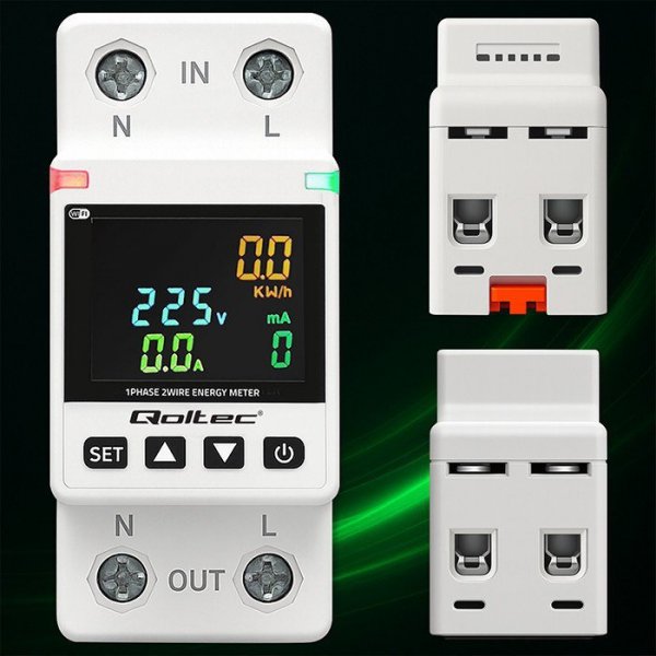 Qoltec Jednofazowy elektroniczny licznik | miernik zużycia energii | DIN35 | zdalne sterowanie | historia pomiaru | WiFi | TUYA 