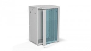 Szafa rack wisząca 19 cali 18U 600x450, drzwi szklane, tył i osłony boczne demontowalne, FLAT PACK kolor szary ALANTEC