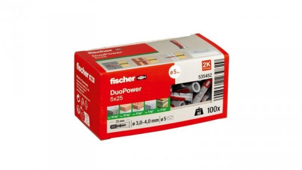 Kołki rozporowe uniwersalne DuoPower 5x25 100 sztuk FISCHER
