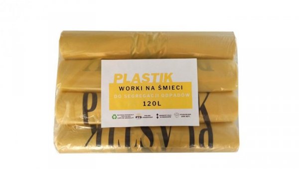 Worki na śmieci żółte 120l do segregacji odpadów nadruk Tworzywa Sztuczne op. 100szt.