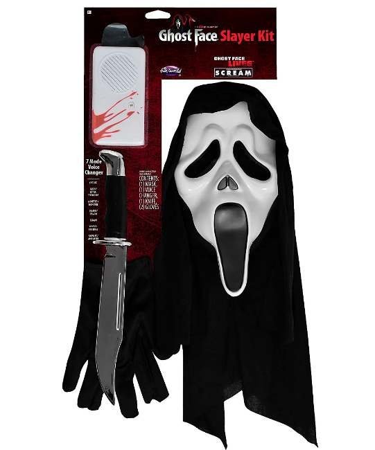 Maska, modulator głosu i nóż - komplet akcesoriów mordercy z filmu Scream/Krzyk