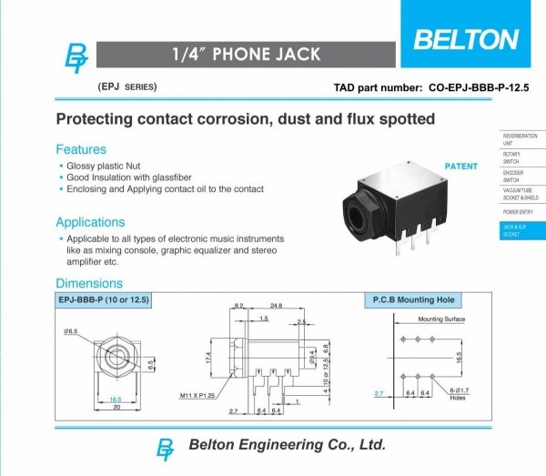 Gniazdo Jack 6,3mm Stereo Belton PCB - szczelne
