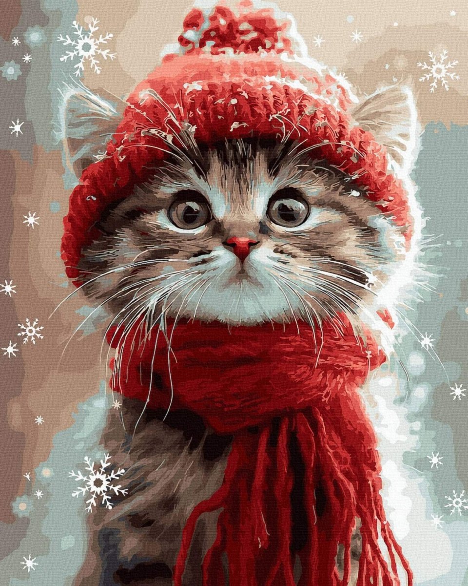 Malowanie Po Numerach Zestaw Kotek w Czerwonym Szaliku 40x50 