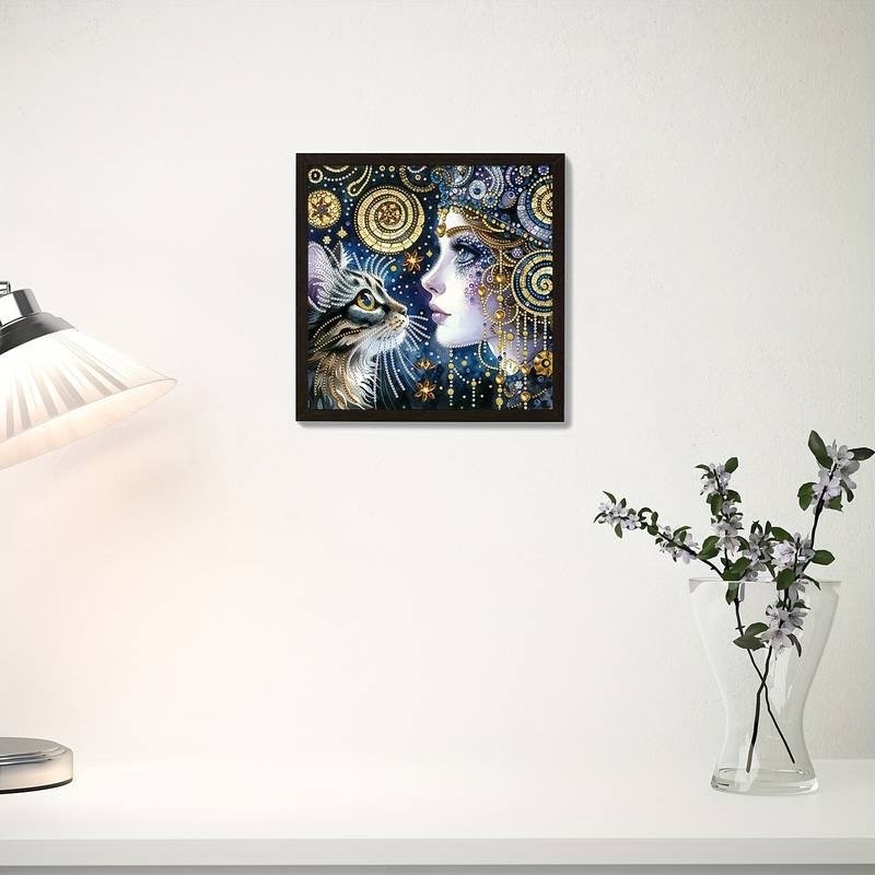 Haft Diamentowy Kobieta i Kot - Magia Nocy 30x30 cm