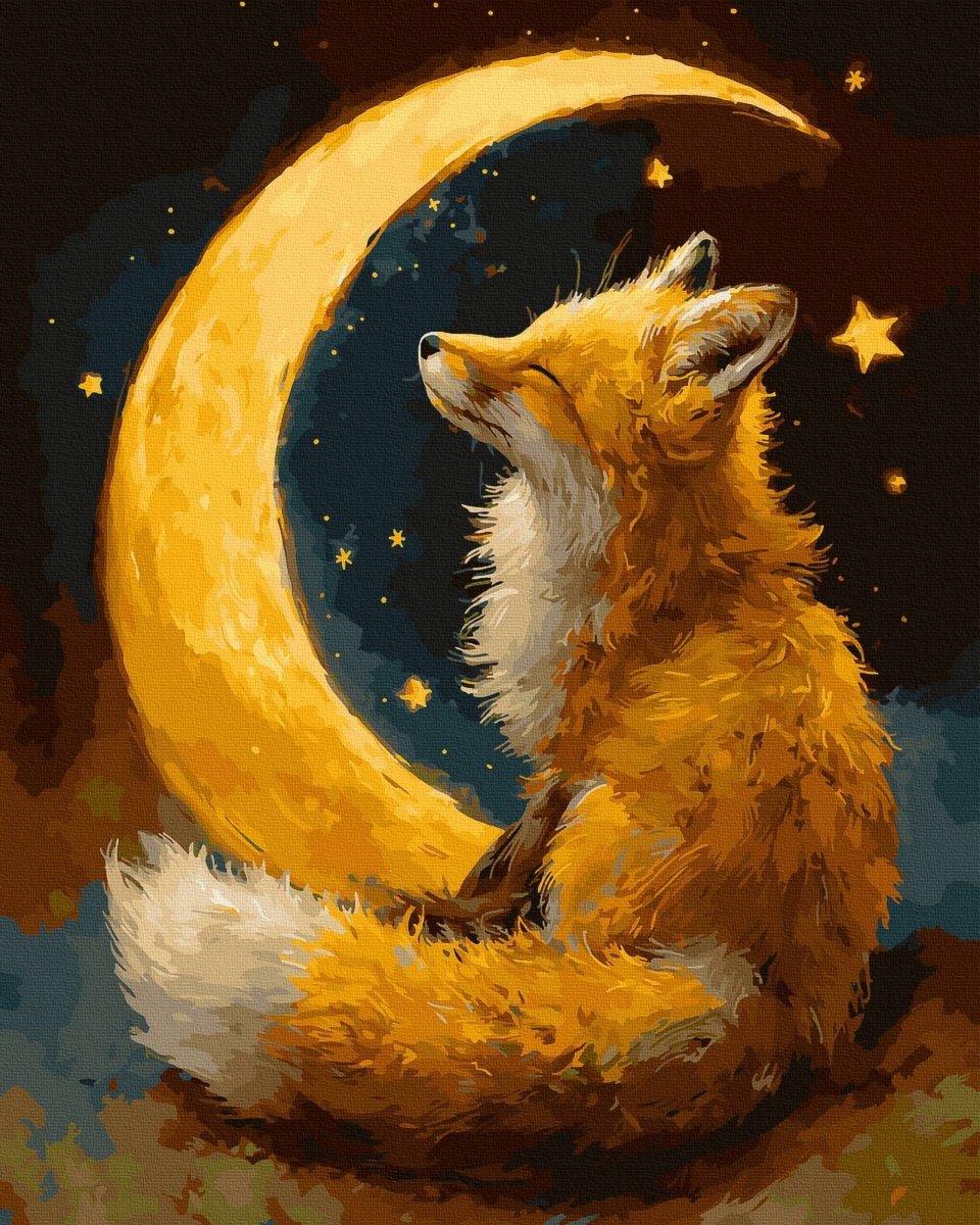 Malowanie Po Numerach Zestaw Lis pod Księżycem 40x50 Złota Farba 