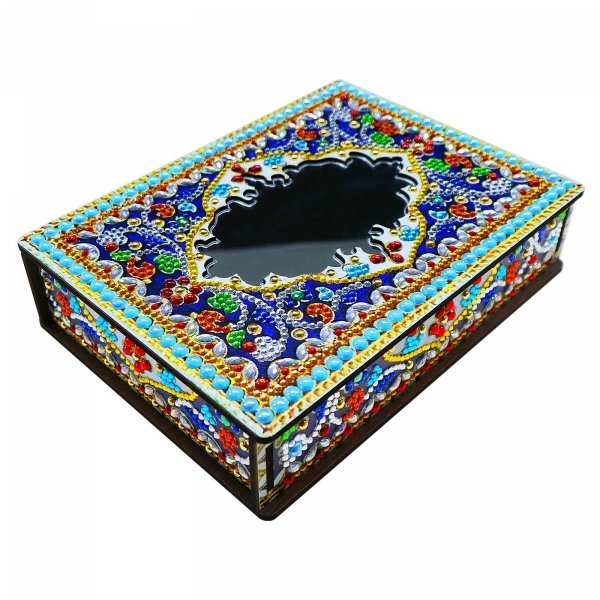 Haft Diamentowy Ozdobne Pudełko Szkatułka Lusterko - Błękitny Ornament