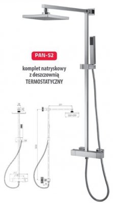 PAN 52- KOMPLET NATRYSKOWY TERMOSTATYCZNY Z DESZCZOWNIĄ KWADRATOWĄ, RURKA MOSIĘŻNA