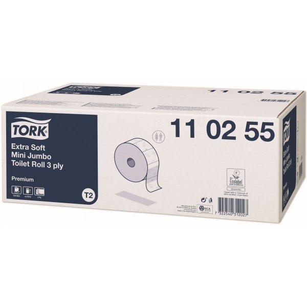 Papier toaletowy Tork Mini Jumbo Premium T2, 3-warstwowy biały 120m 12 rolek [110255]