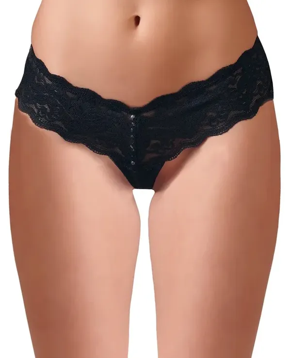 Cottelli Collection Stringi koronkowe z perłowym łańcuszkiem czarne M