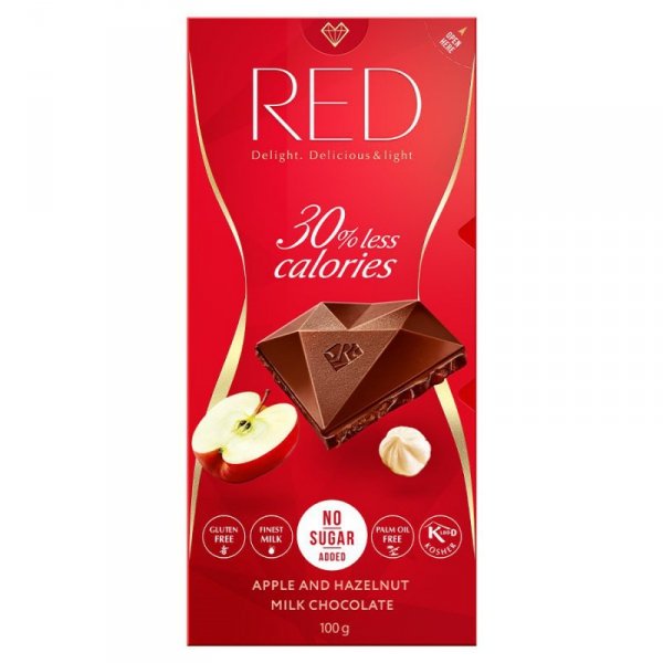 Czekolada mleczna z jabłkiem i orzechami 30% mniej kalorii RED Delight, 100g