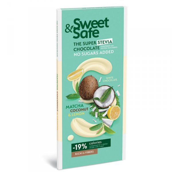 Czekolada biała - matcha, kokos i cytryna, słodzona stewią i erytrytolem Sweet&Safe, 90g