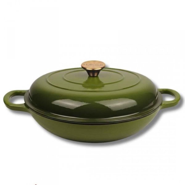EMALIOWANY GARNEK ŻELIWNY PŁASKI 30cm 3L HAGE OLIWKOWY