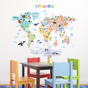 Duże Naklejki  Kolorowa Mapa Świata Zwierzęta