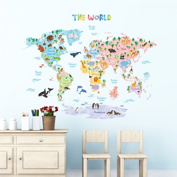 Duże Naklejki  Kolorowa Mapa Świata Zwierzęta