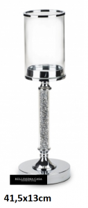 Świecznik dekoracyjny szklany srebrny na nóżce wysoki zdobiony