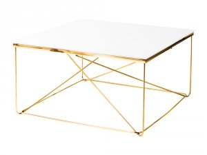 Minimalistyczny złoty stolik kawowy z blatem z białego szkła
