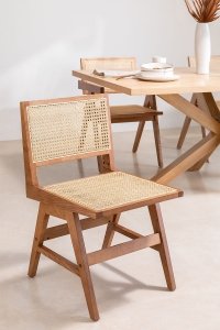 Drewniane krzesło do jadalni  z ażurowym ratanowym oparciem  Matti jasny brąz