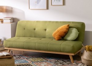 Rozkładana kanapa sofa 3 osobowa July do salonu z drewna i lnu pistacjowa