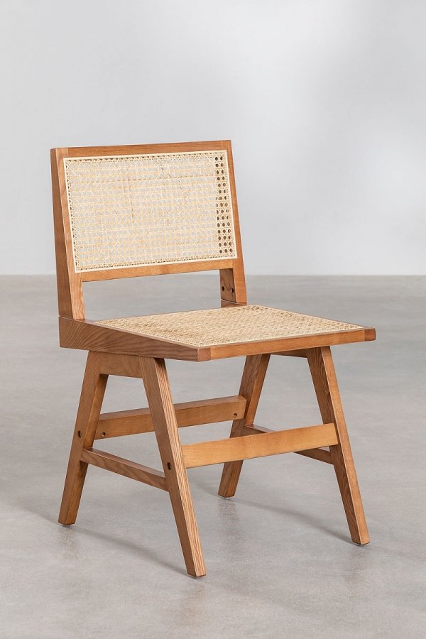 Krzesło do jadalni z drewna jesionowego z ratanowym siedziskiem i oparciem kolor jasny brąz