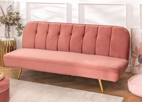 Rozkładana sofa 3 osobowa z aksamitu kolor peonii złote nogi