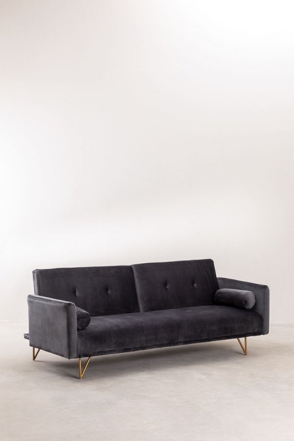 3-osobowa sofa do salonu rozkładana z funkcją spania z aksamitu kolor grafitowy na metalowych nóżkach