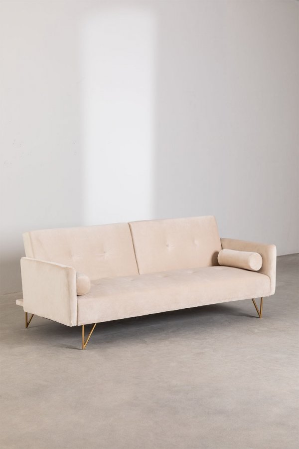 3-osobowa sofa do salonu rozkładana z funkcją spania z  aksamitu na metalowych nóżkach krem beż