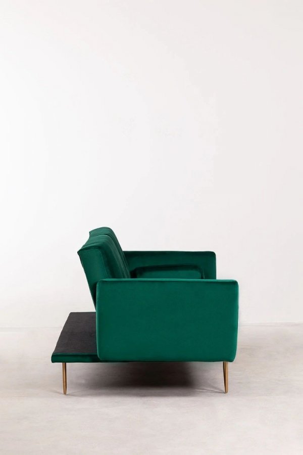 3-osobowa sofa do salonu rozkładana z funkcją spania z zielonego aksamitu na metalowych nóżkach