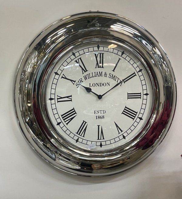 Srebrny okrągły zegar ścienny Sir William and Smith o średnicy 53,5 cm