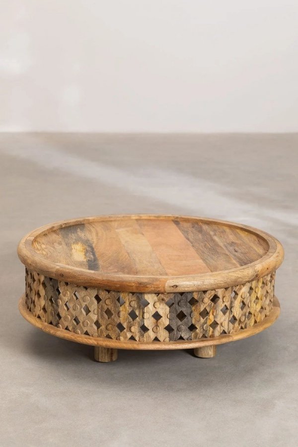 Kawowy okrągły stolik Roma z drewna mango do salonu vintage
