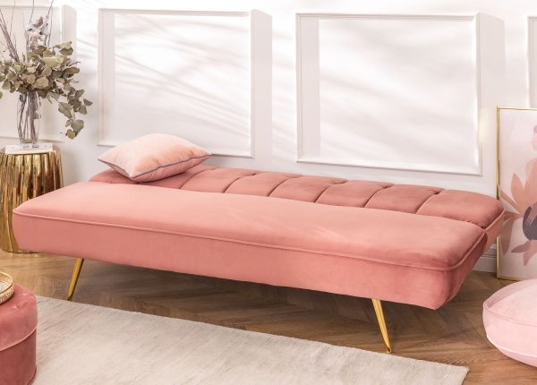 Rozkładana sofa 3 osobowa z aksamitu kolor peonii złote nogi