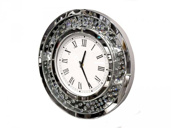 Ekskluzywny okrągły lustrzany zegar z kryształkami diamentowymi o średnicy 50 cm.