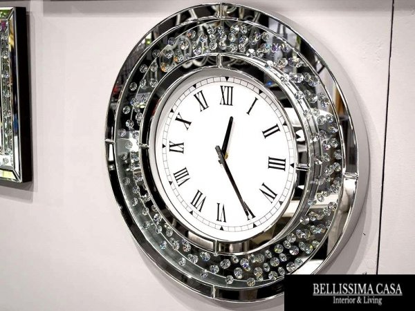 Ekskluzywny okrągły lustrzany zegar z kryształkami diamentowymi o średnicy 50 cm.