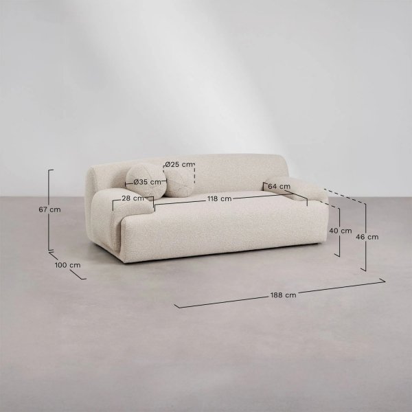 Designerska sofa Shirina bouclé beige z zaokrąglonym oparciem i podłokietnikami