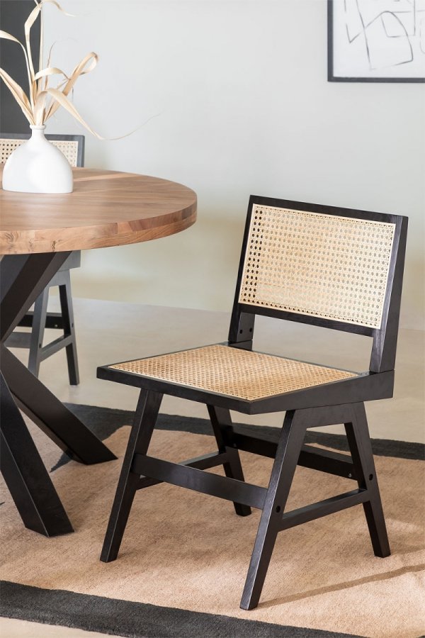 Krzesło do jadalni z drewna jesionowego z ratanowym siedziskiem i oparciem kolor czarny