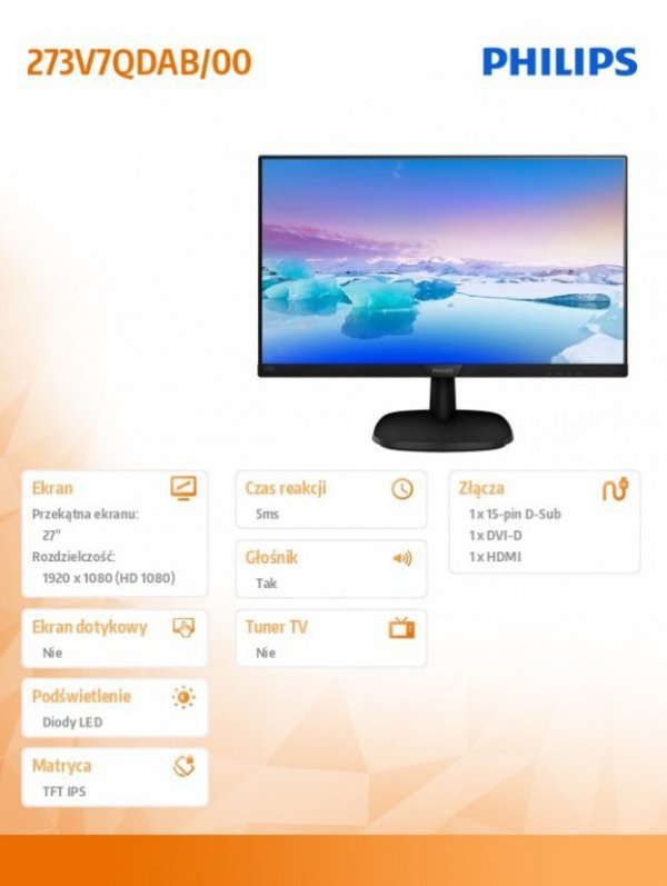 Philips Monitor 27 273V7QDAB IPS DVI HDMI Głośniki