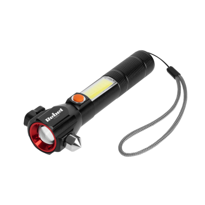 Akumulatorowa latarka wielofunkcyjna  REBEL (zoom, nożyk, młotek do szyby)
