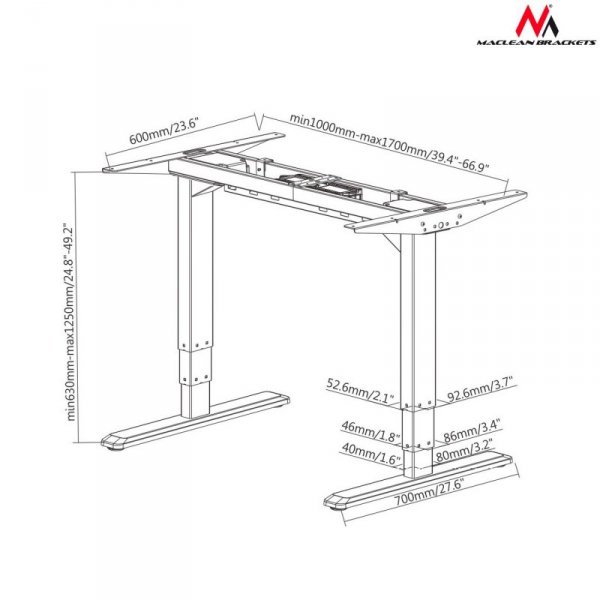 Biurko elektryczne Maclean, regulacja wysokości, bez blatu, kolor szary do pracy stojąco siedzącej, max wys 125cm, max 100 kg, M