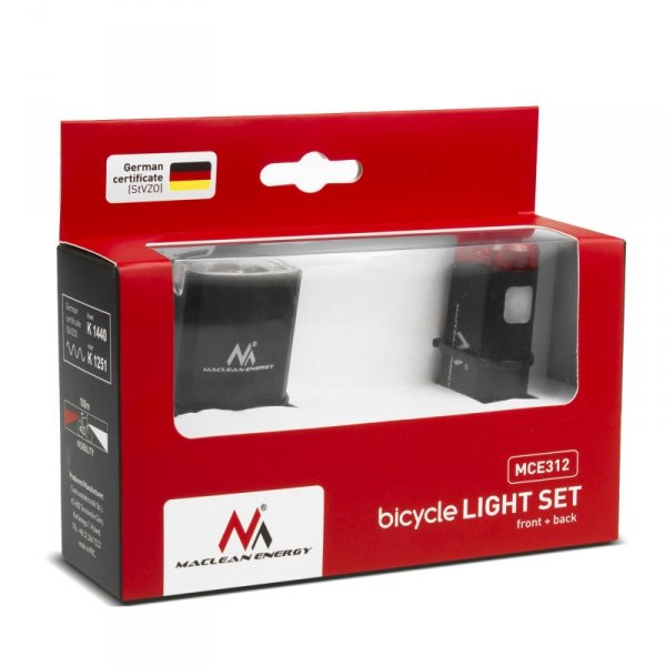 Oświetlenie rowerowe LED Maclean, przód+tył, 2 tryby, wbudowany akumulator, 1500mAh, tył 2xAAA, certyfikat StVZO, MCE312