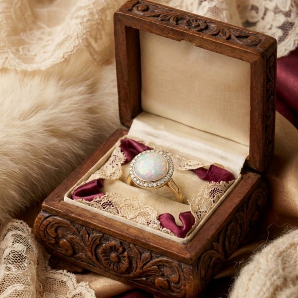 Pierścionek opal otoczony białymi kamieniami złoto 585 