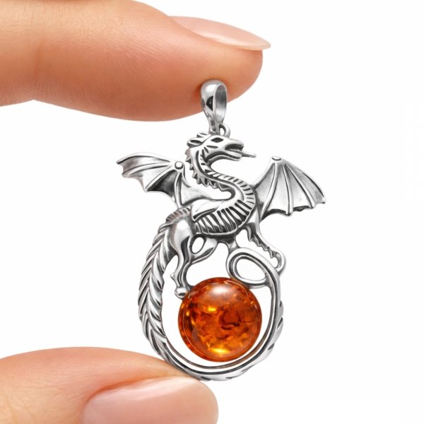 Zawieszka duży smok bursztyn naturalny srebro 925