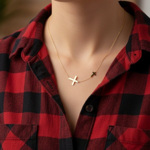 Naszyjnik dwa krzyże złoto 585