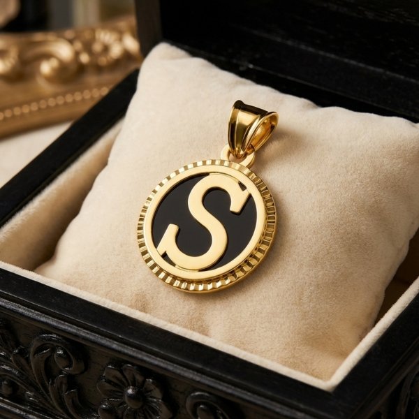 Wisior inicjał litera S koło czarne złoto 585 