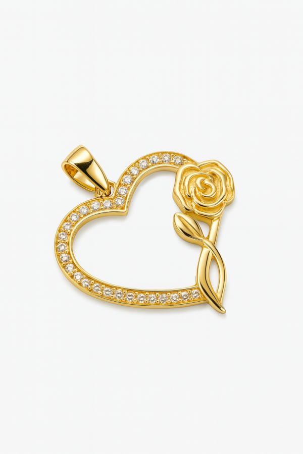 Wisior serce z cyrkoniami i różą 3D złoto 585