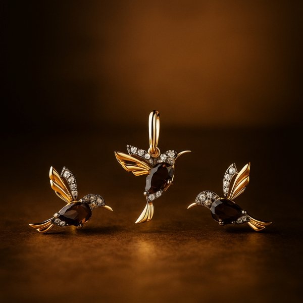  Komplet kolibry kwarc dymny diamenty złoto 585 