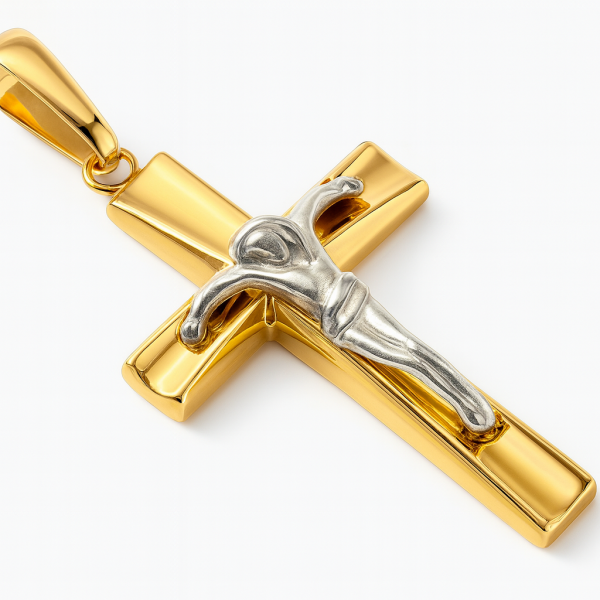 Krzyż dwukolorowy z wizerunkiem Chrystusa złoto 585 
