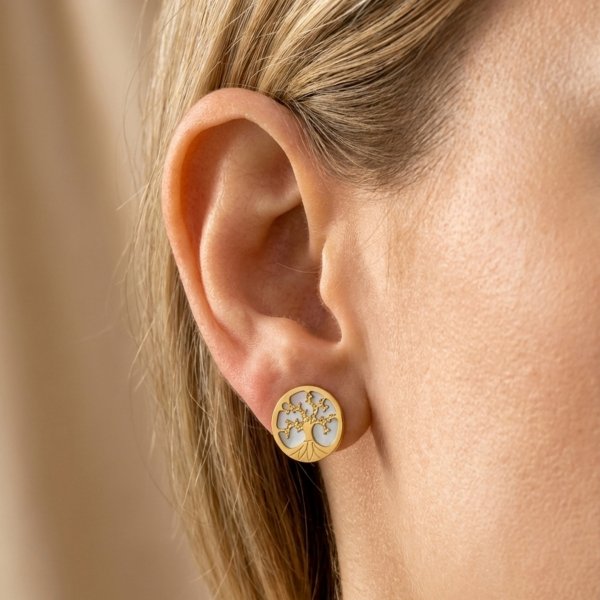 Kolczyki drzewko szczęścia masa perłowa złoto 585