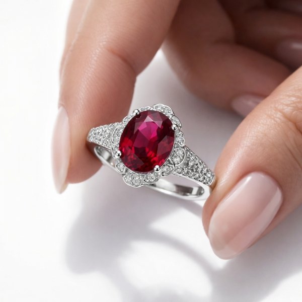 Pierścionek z rubinem i topazami srebro 925 ROD